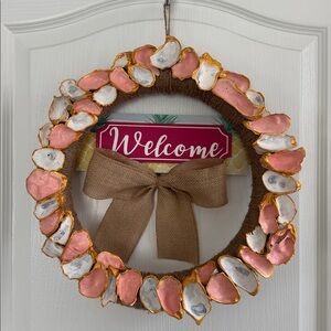 Pink and Gold Oyster Shell Wreath with Burlap Bow